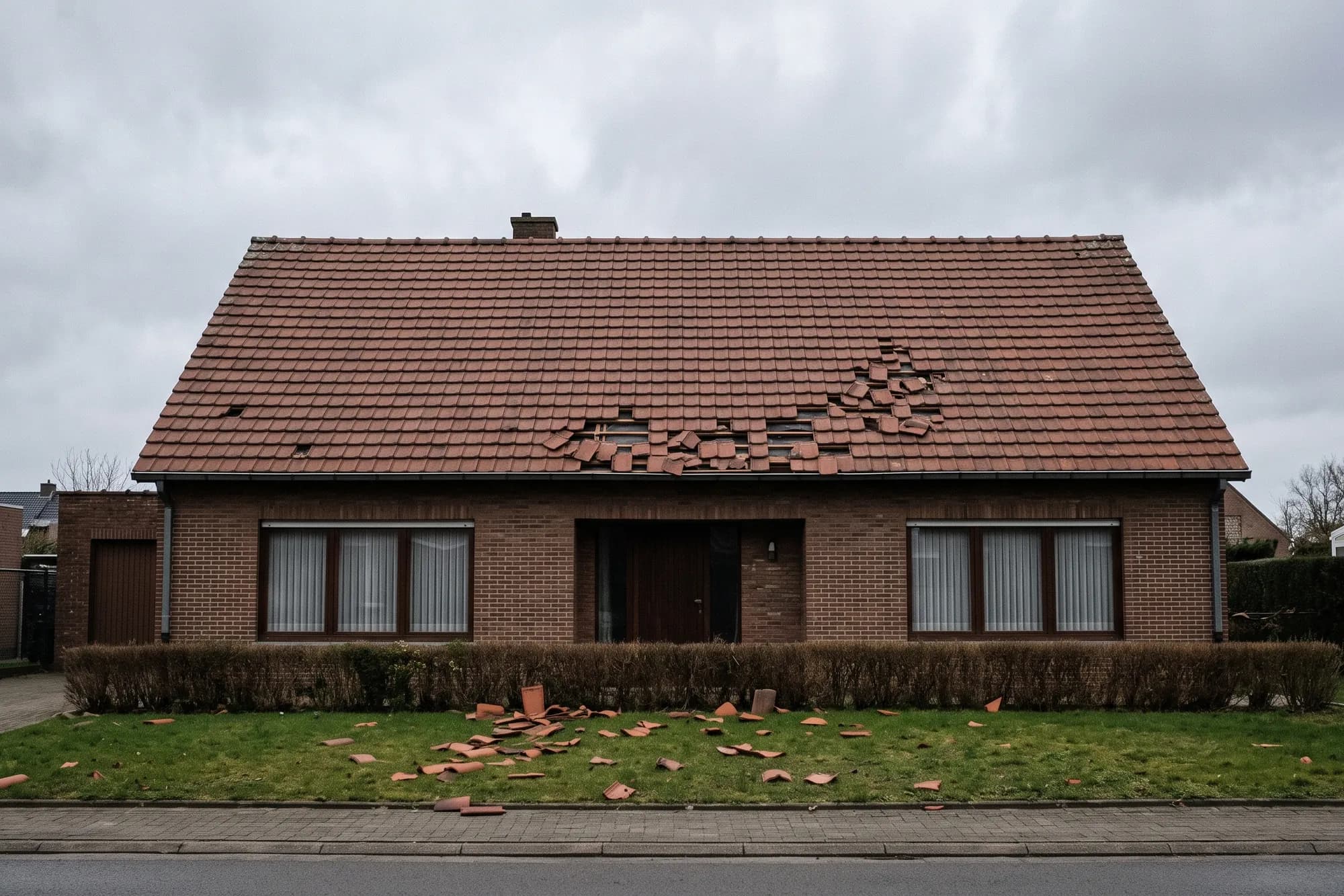 Woning met verschoven en gebroken dakpannen na een storm, scherven op het gras ervoor