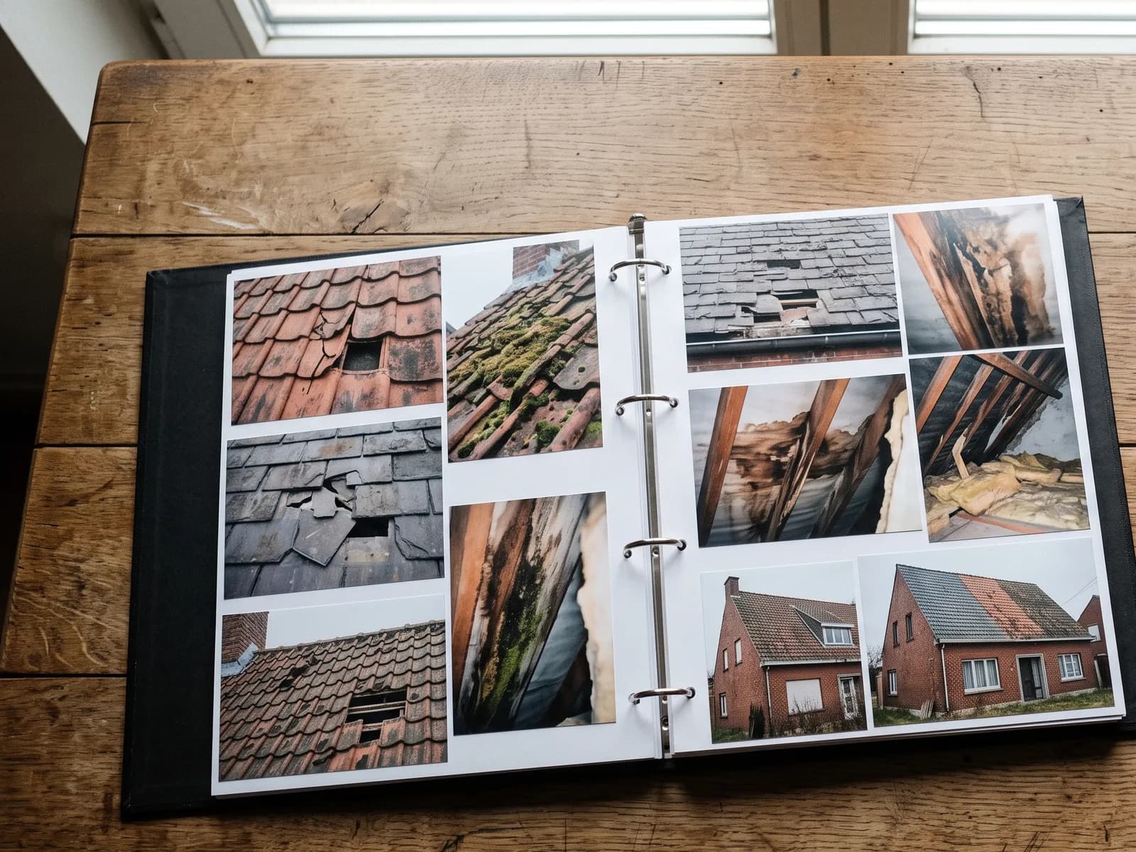 Open ordner met foto’s van dakschade op een houten tafel