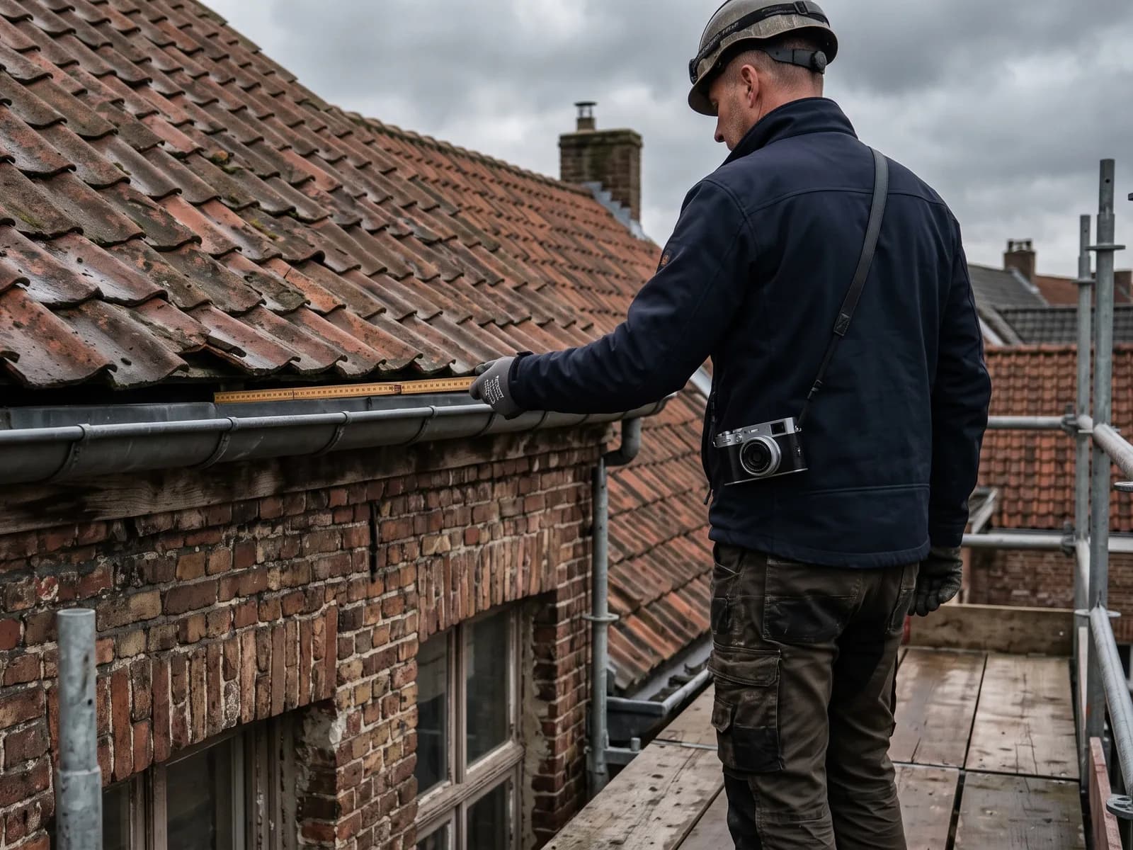 Expert op een stelling legt een duimstok langs de dakpannen boven de goot