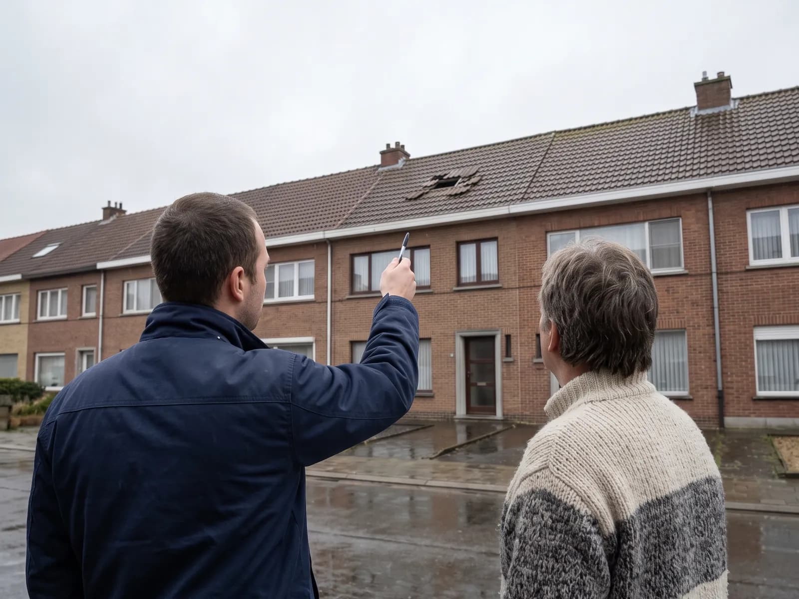 Expert wijst een bewoner vanaf de straat op het beschadigde dak van een rijwoning