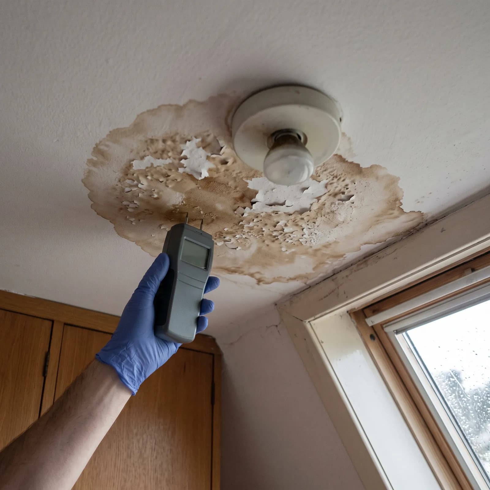 Vochtmeter tegen een plafond met een grote watervlek en afbladderende verf