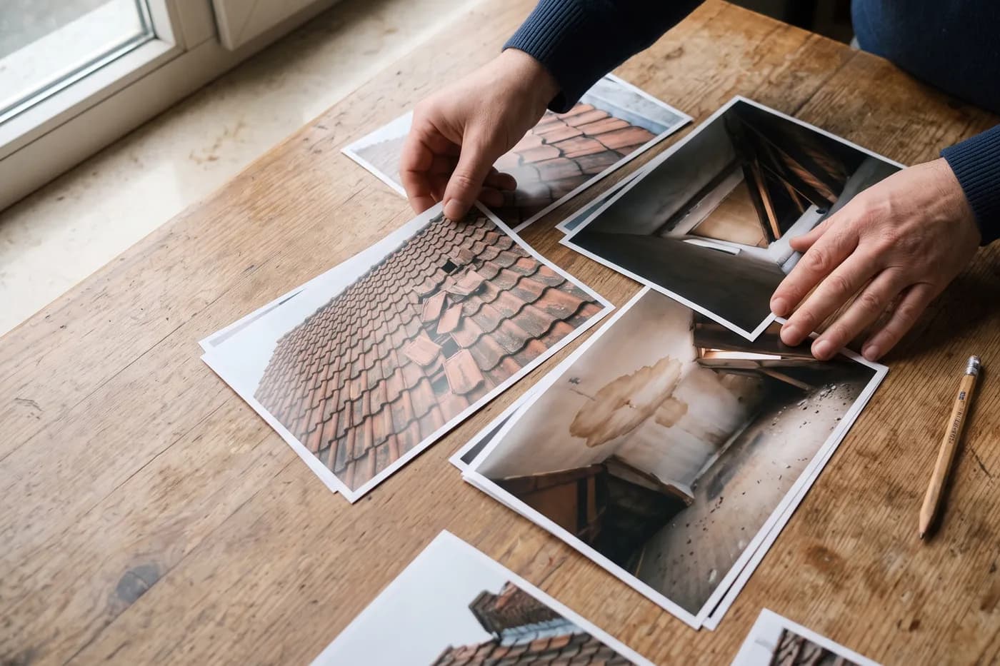 Foto’s van een pannendak en een zolder met vochtschade op de keukentafel